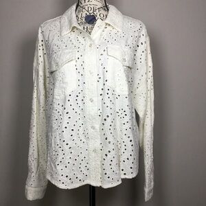 Cotton linen Eyelit lace creamy white shirt jacket fairy beachy summer size M